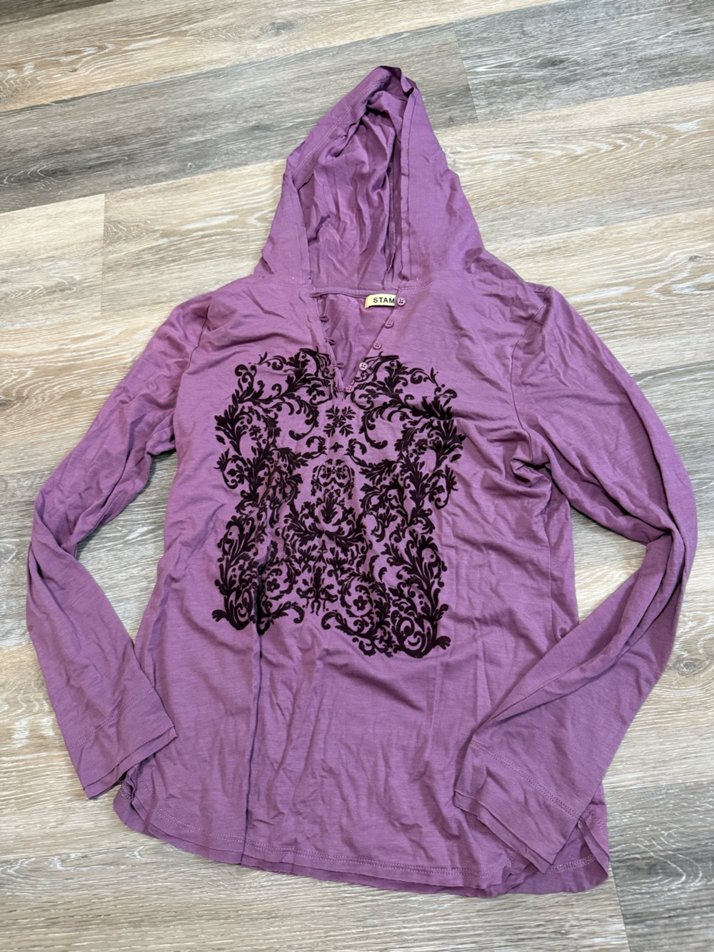 Stampd Purple Hooded Long Sleeve Top with Black Velvet Damask Print